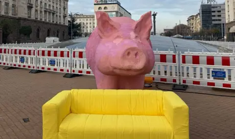 Часове преди поредния протест в Триъгълника на властта: До прасето-касичка се появи и жълт "Диван Диван" - 1