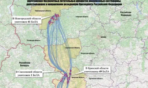 МО на Русия пусна карта с маршрута на украинските дронове, атакували дачата на Путин