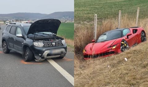 Най-мощното Ferrari се озова в канавка след удар с Dacia - 1