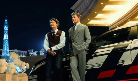 Холивудски блясък и хиляда "коня": Брад Пит и Джордж Ръсел взривиха Лас Вегас с "чудовище" от Mercedes-AMG (ВИДЕО) - 1