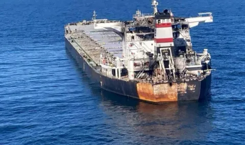 Military personnel monitor a drifting ship hit by a drone that entered Bulgarian waters - 1