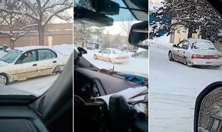Toyota Corolla се движи по заснежени улици... на три колела (ВИДЕО)