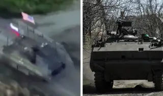 Бронетранспортьор със знамената на Русия и САЩ атакува позиции на украинската армия (ВИДЕО)
