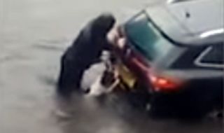 Куче помогна на жена да избута кола от водата (ВИДЕО)