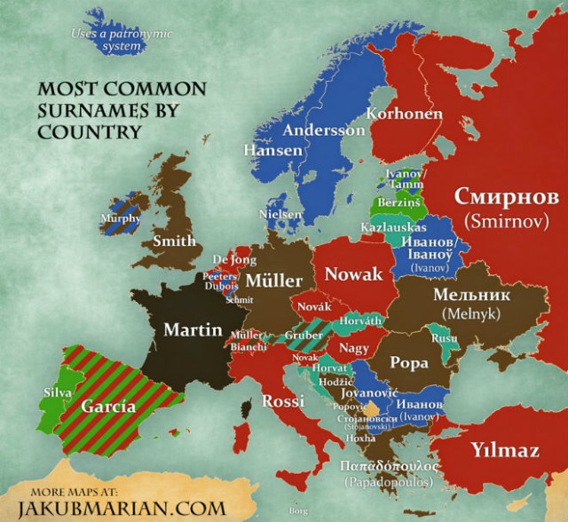Най-популярните фамилни имена в Европа според държавата
