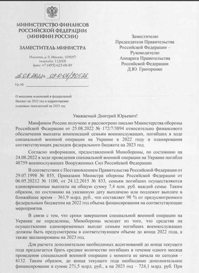 Секретен документ – към края на август Русия е платила 361,4 млрд. рубли за 48 759 мъртви войници