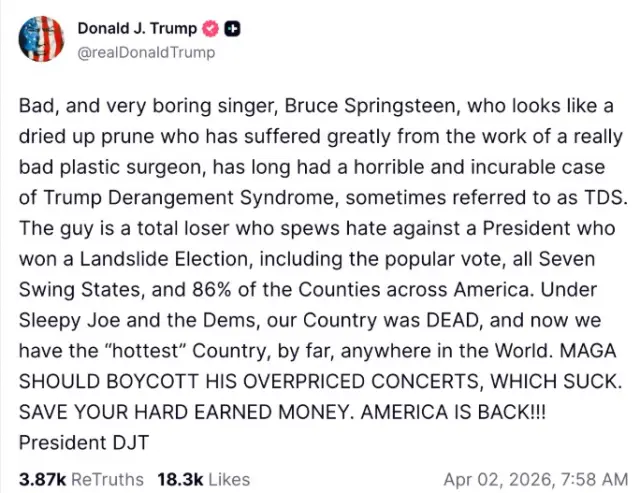 Тръмп нарече Брус Спрингстийн "изсъхнала слива" и "бълващ омраза загубеняк"