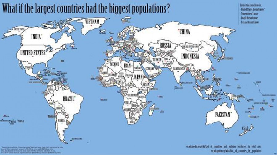 Ето как би изглеждала световната карта, ако населението на страните отговаряше на територията им