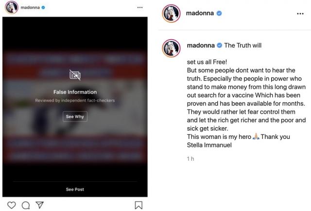 Инстаграм обвини Мадона за разпространение на фалшиви новини