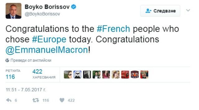 Българският премиер честити на френския президент на английски